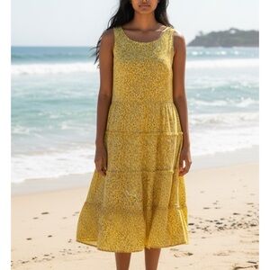 Y2K Liz Claiborne Yellow White Tulip Floral Print Tiered Ruffle Midi Dress Sz 6